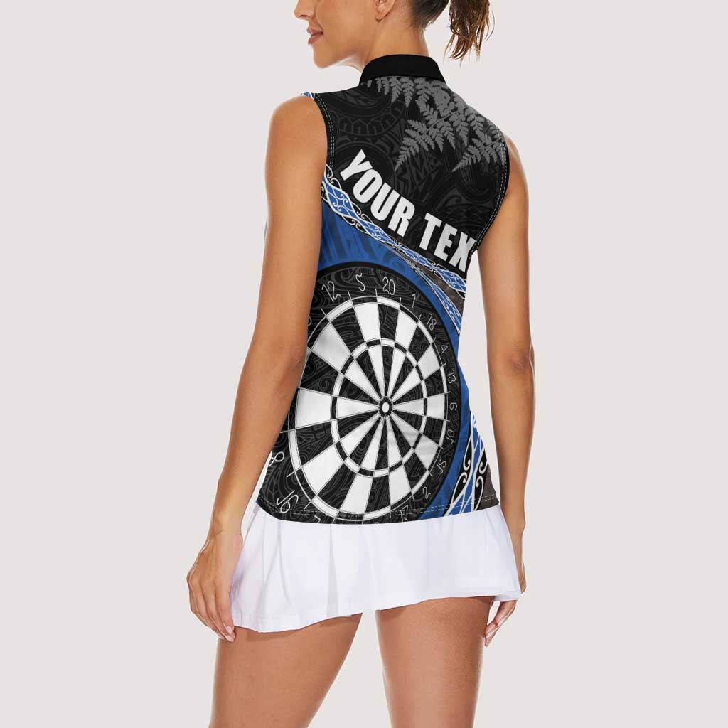 Personalised New Zealand Darts Women Sleeveless Polo Shirt Koru Tribal Tattoo and Silver Fern Maori Pattern Blue Color LT03 - Polynesian Pride
