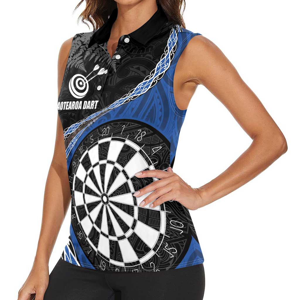 Personalised New Zealand Darts Women Sleeveless Polo Shirt Koru Tribal Tattoo and Silver Fern Maori Pattern Blue Color LT03 - Polynesian Pride