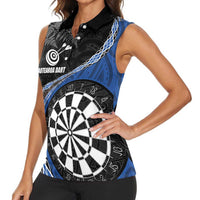 Personalised New Zealand Darts Women Sleeveless Polo Shirt Koru Tribal Tattoo and Silver Fern Maori Pattern Blue Color LT03 - Polynesian Pride