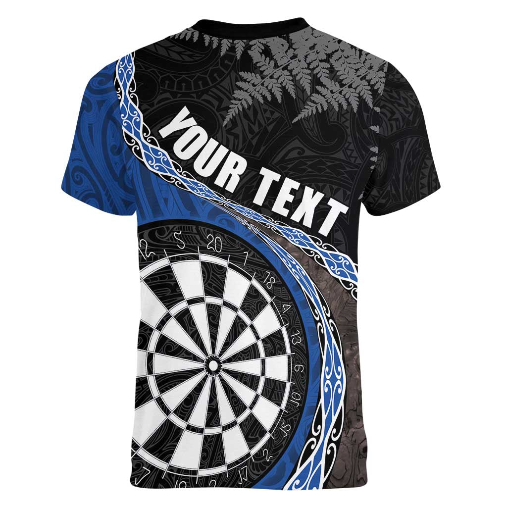 Personalised New Zealand Darts Women V-Neck T-Shirt Koru Tribal Tattoo and Silver Fern Maori Pattern Blue Color LT03 - Polynesian Pride