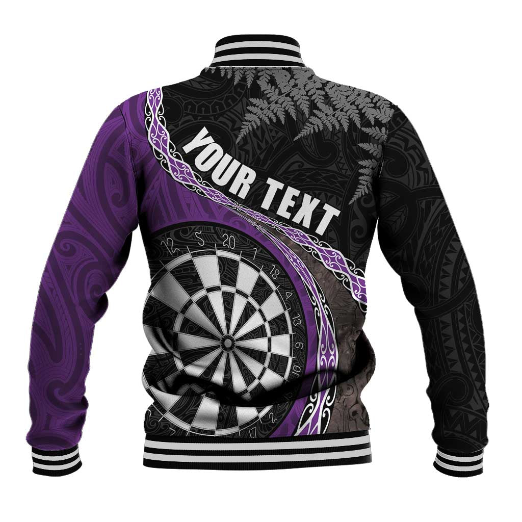 Personalised New Zealand Darts Baseball Jacket Koru Tribal Tattoo and Silver Fern Maori Pattern Purple Color LT03 - Polynesian Pride