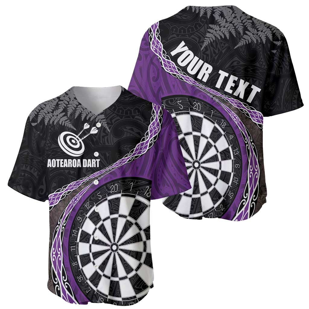 Personalised New Zealand Darts Baseball Jersey Koru Tribal Tattoo and Silver Fern Maori Pattern Purple Color LT03 - Polynesian Pride