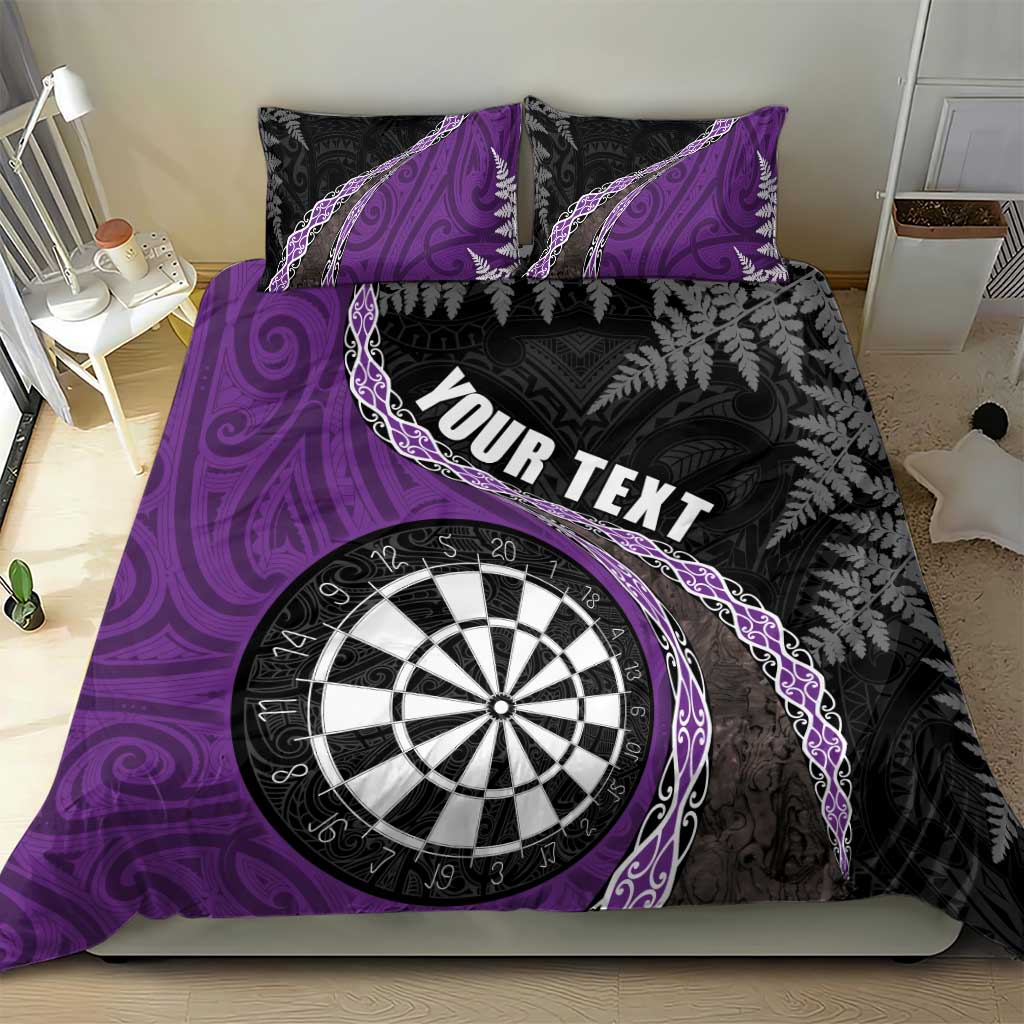 Personalised New Zealand Darts Bedding Set Koru Tribal Tattoo and Silver Fern Maori Pattern Purple Color