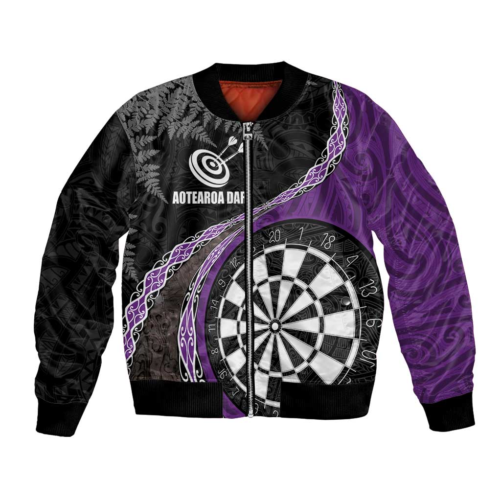 Personalised New Zealand Darts Bomber Jacket Koru Tribal Tattoo and Silver Fern Maori Pattern Purple Color LT03 Unisex Purple - Polynesian Pride