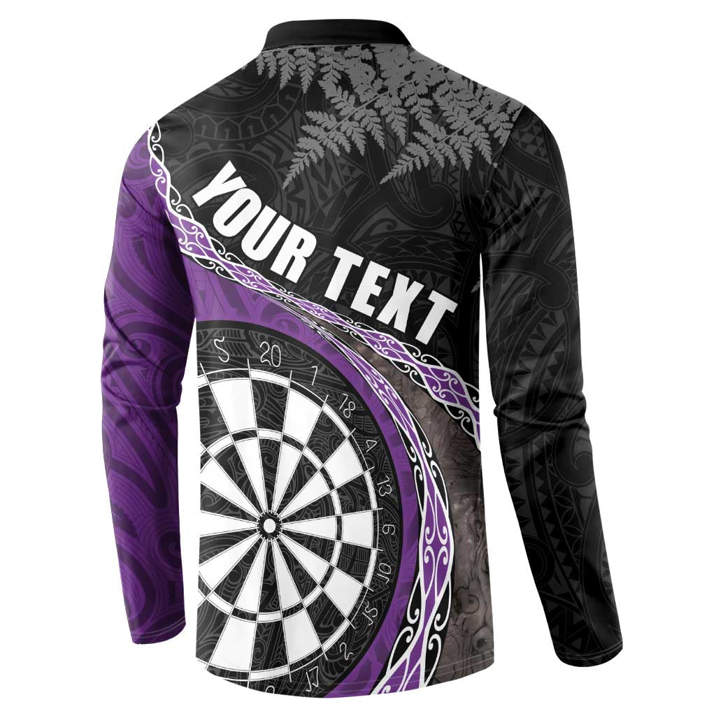 Personalised New Zealand Darts Button Sweatshirt Koru Tribal Tattoo and Silver Fern Maori Pattern Purple Color LT03 - Polynesian Pride