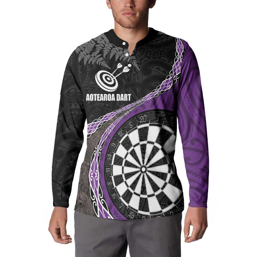 Personalised New Zealand Darts Button Sweatshirt Koru Tribal Tattoo and Silver Fern Maori Pattern Purple Color LT03 - Polynesian Pride