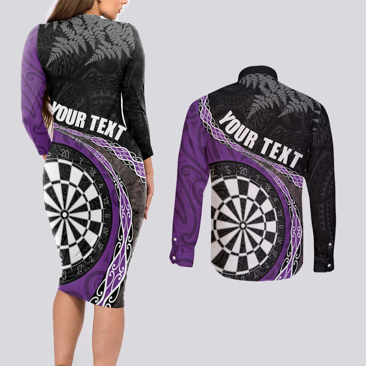 Personalised New Zealand Darts Couples Matching Long Sleeve Bodycon Dress and Long Sleeve Button Shirt Koru Tribal Tattoo and Silver Fern Maori Pattern Purple Color LT03 - Polynesian Pride