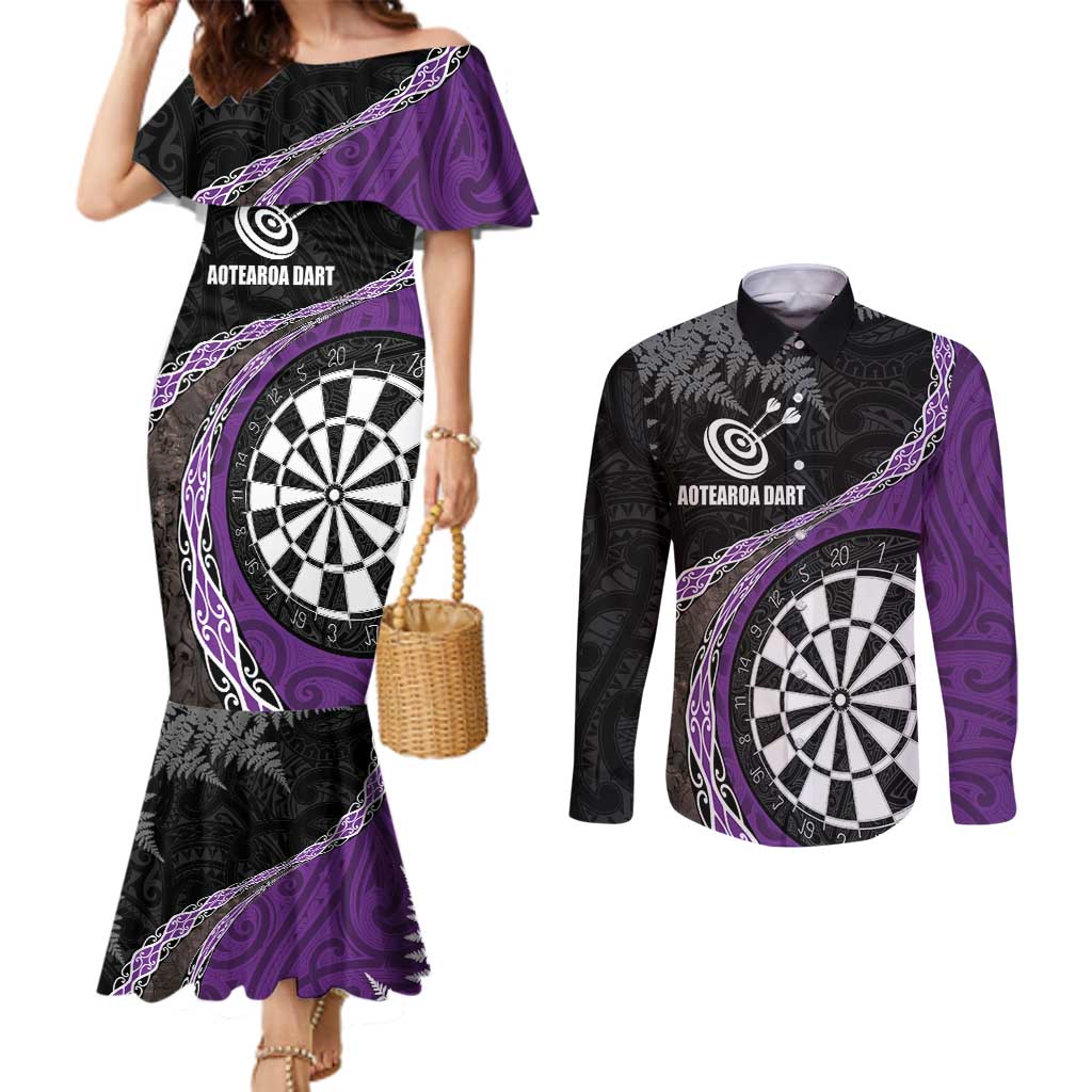 Personalised New Zealand Darts Couples Matching Mermaid Dress and Long Sleeve Button Shirt Koru Tribal Tattoo and Silver Fern Maori Pattern Purple Color LT03 Purple - Polynesian Pride