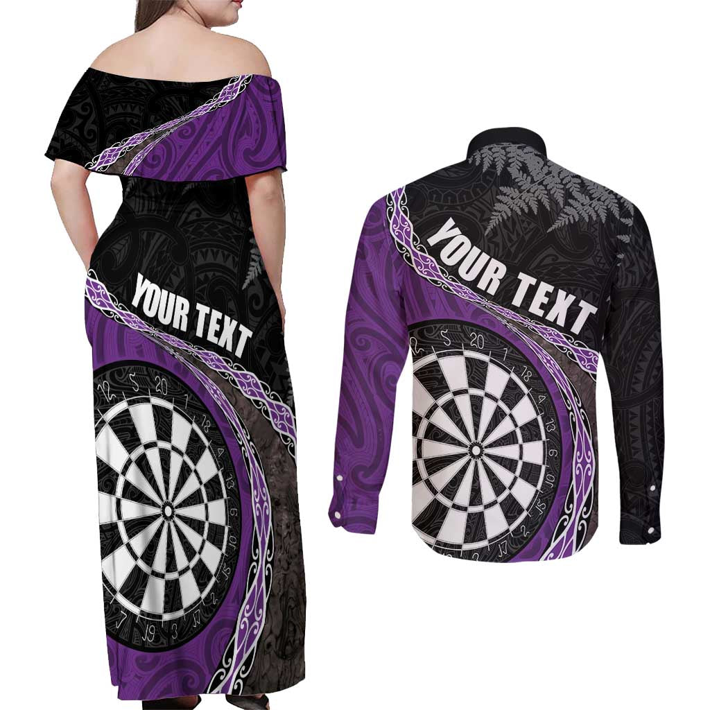 Personalised New Zealand Darts Couples Matching Off Shoulder Maxi Dress and Long Sleeve Button Shirt Koru Tribal Tattoo and Silver Fern Maori Pattern Purple Color LT03 - Polynesian Pride
