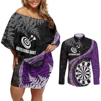 Personalised New Zealand Darts Couples Matching Off Shoulder Short Dress and Long Sleeve Button Shirt Koru Tribal Tattoo and Silver Fern Maori Pattern Purple Color LT03 Purple - Polynesian Pride