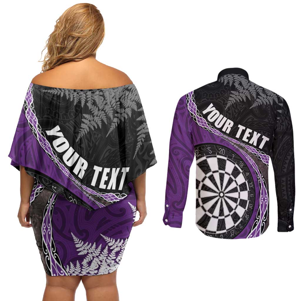 Personalised New Zealand Darts Couples Matching Off Shoulder Short Dress and Long Sleeve Button Shirt Koru Tribal Tattoo and Silver Fern Maori Pattern Purple Color LT03 - Polynesian Pride