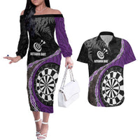 Personalised New Zealand Darts Couples Matching Off The Shoulder Long Sleeve Dress and Hawaiian Shirt Koru Tribal Tattoo and Silver Fern Maori Pattern Purple Color LT03 Purple - Polynesian Pride