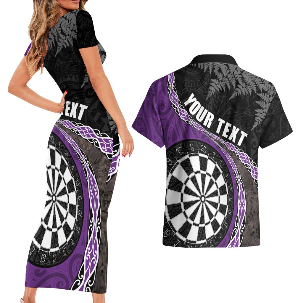 Personalised New Zealand Darts Couples Matching Short Sleeve Bodycon Dress and Hawaiian Shirt Koru Tribal Tattoo and Silver Fern Maori Pattern Purple Color LT03 - Polynesian Pride