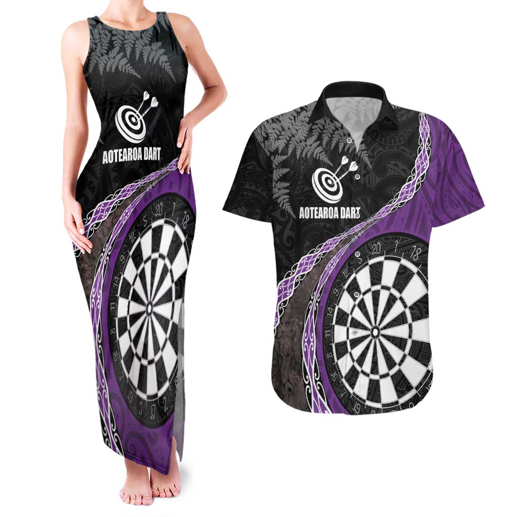 Personalised New Zealand Darts Couples Matching Tank Maxi Dress and Hawaiian Shirt Koru Tribal Tattoo and Silver Fern Maori Pattern Purple Color LT03 Purple - Polynesian Pride