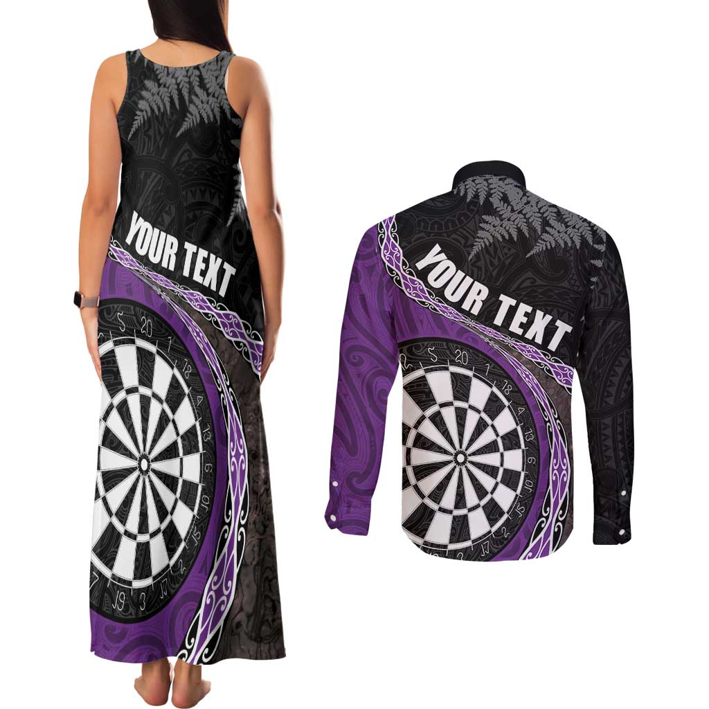 Personalised New Zealand Darts Couples Matching Tank Maxi Dress and Long Sleeve Button Shirt Koru Tribal Tattoo and Silver Fern Maori Pattern Purple Color LT03 - Polynesian Pride