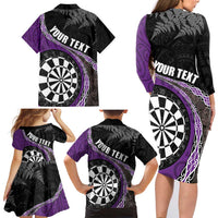Personalised New Zealand Darts Family Matching Long Sleeve Bodycon Dress and Hawaiian Shirt Koru Tribal Tattoo and Silver Fern Maori Pattern Purple Color LT03 - Polynesian Pride