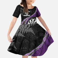 Personalised New Zealand Darts Family Matching Off The Shoulder Long Sleeve Dress and Hawaiian Shirt Koru Tribal Tattoo and Silver Fern Maori Pattern Purple Color LT03 Daughter's Dress Purple - Polynesian Pride