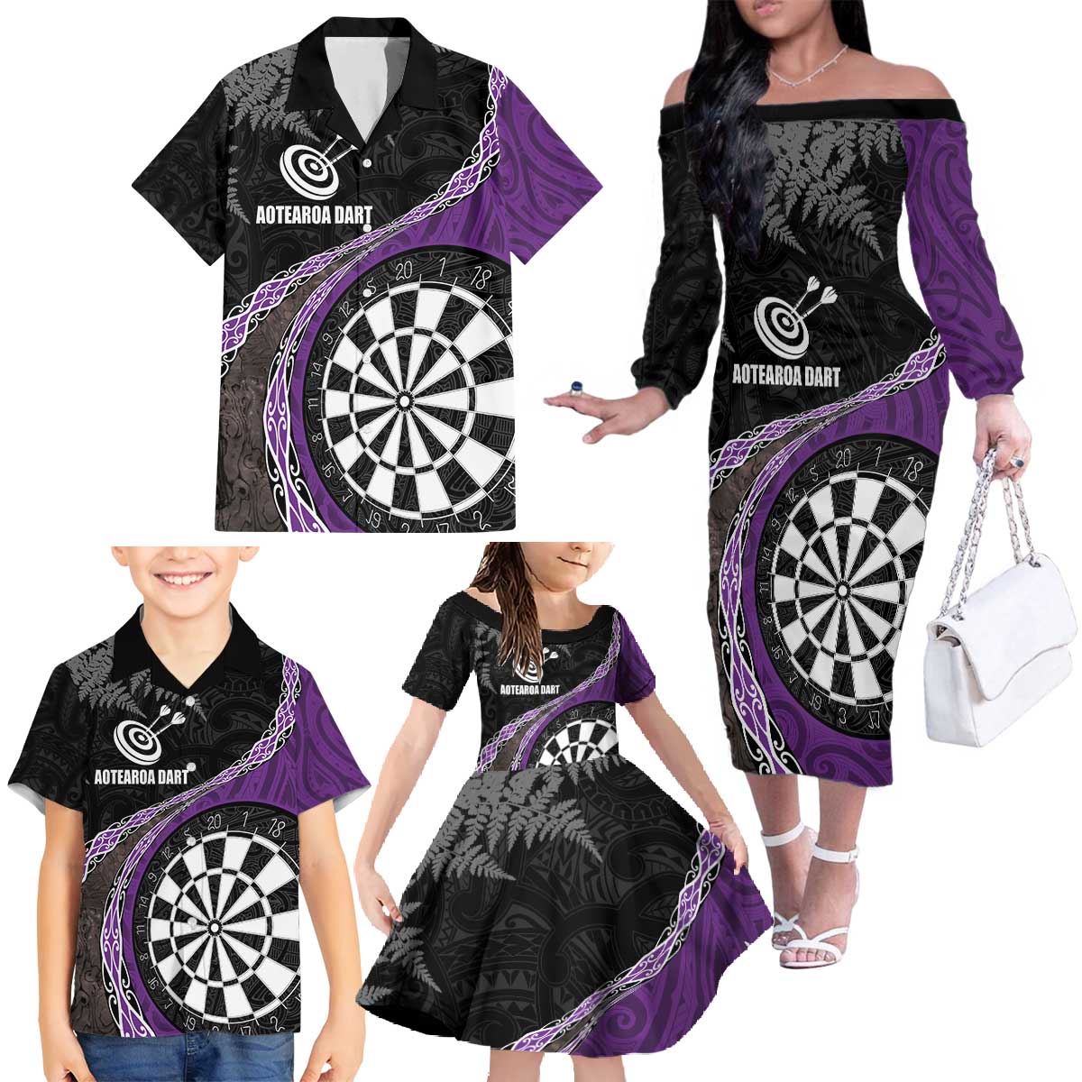 Personalised New Zealand Darts Family Matching Off The Shoulder Long Sleeve Dress and Hawaiian Shirt Koru Tribal Tattoo and Silver Fern Maori Pattern Purple Color LT03 - Polynesian Pride