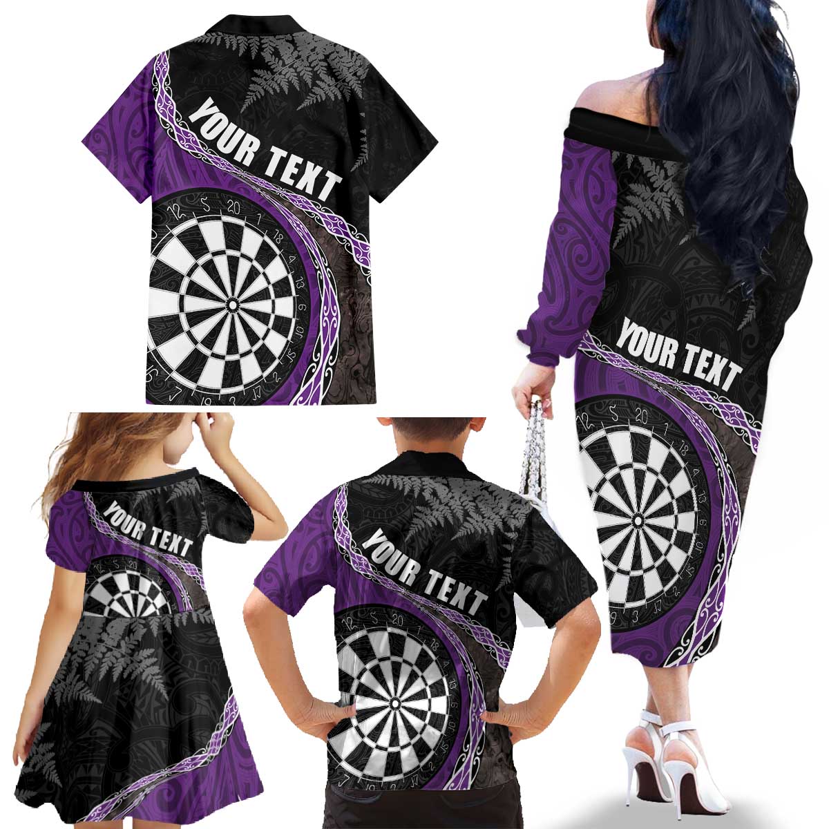 Personalised New Zealand Darts Family Matching Off The Shoulder Long Sleeve Dress and Hawaiian Shirt Koru Tribal Tattoo and Silver Fern Maori Pattern Purple Color LT03 - Polynesian Pride