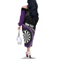 Personalised New Zealand Darts Family Matching Off The Shoulder Long Sleeve Dress and Hawaiian Shirt Koru Tribal Tattoo and Silver Fern Maori Pattern Purple Color LT03 - Polynesian Pride