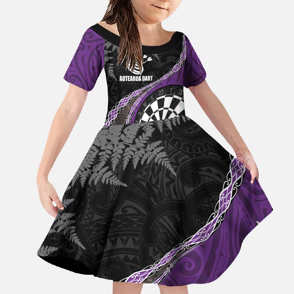 Personalised New Zealand Darts Family Matching Off Shoulder Maxi Dress and Hawaiian Shirt Koru Tribal Tattoo and Silver Fern Maori Pattern Purple Color LT03 Daughter's Dress Purple - Polynesian Pride