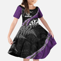 Personalised New Zealand Darts Family Matching Off Shoulder Maxi Dress and Hawaiian Shirt Koru Tribal Tattoo and Silver Fern Maori Pattern Purple Color LT03 Daughter's Dress Purple - Polynesian Pride