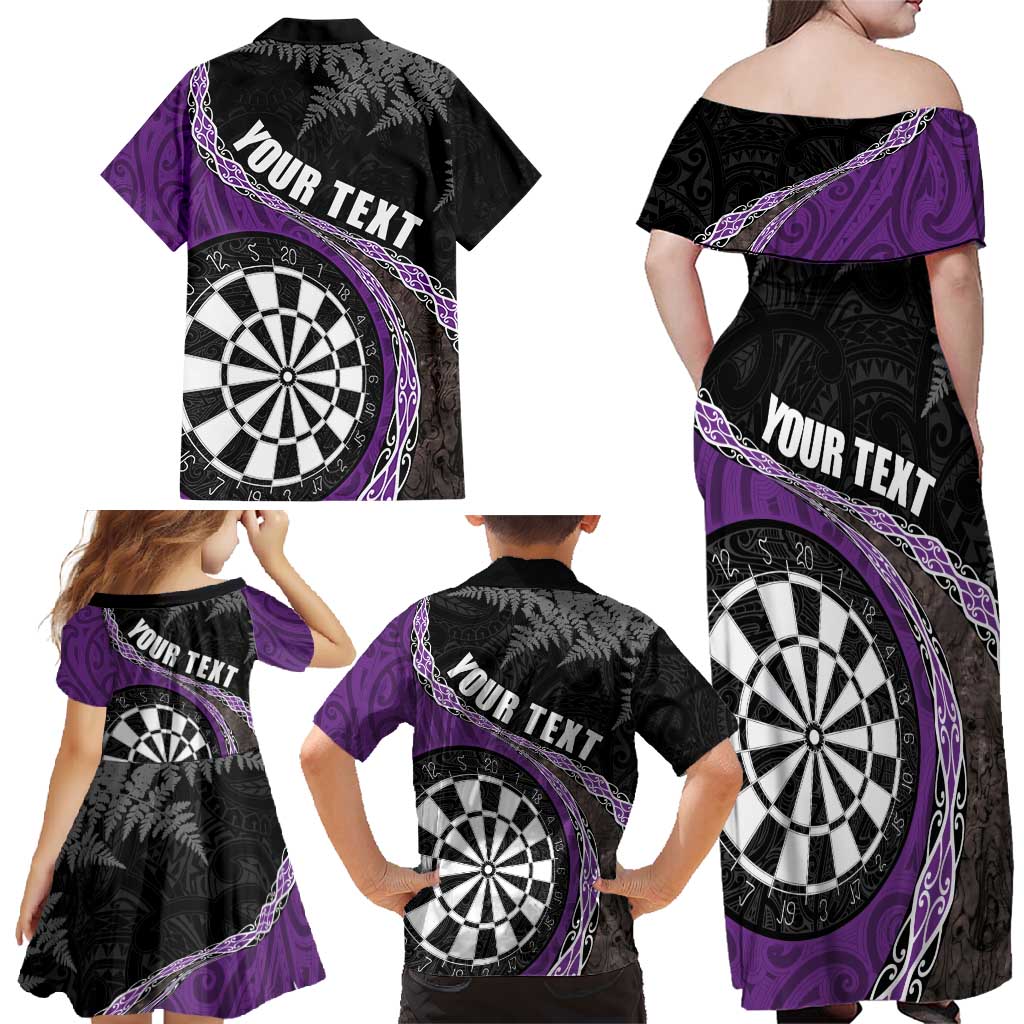 Personalised New Zealand Darts Family Matching Off Shoulder Maxi Dress and Hawaiian Shirt Koru Tribal Tattoo and Silver Fern Maori Pattern Purple Color LT03 - Polynesian Pride