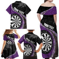 Personalised New Zealand Darts Family Matching Off Shoulder Maxi Dress and Hawaiian Shirt Koru Tribal Tattoo and Silver Fern Maori Pattern Purple Color LT03 - Polynesian Pride
