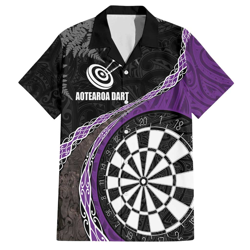 Personalised New Zealand Darts Family Matching Off Shoulder Maxi Dress and Hawaiian Shirt Koru Tribal Tattoo and Silver Fern Maori Pattern Purple Color LT03 Dad's Shirt - Short Sleeve Purple - Polynesian Pride