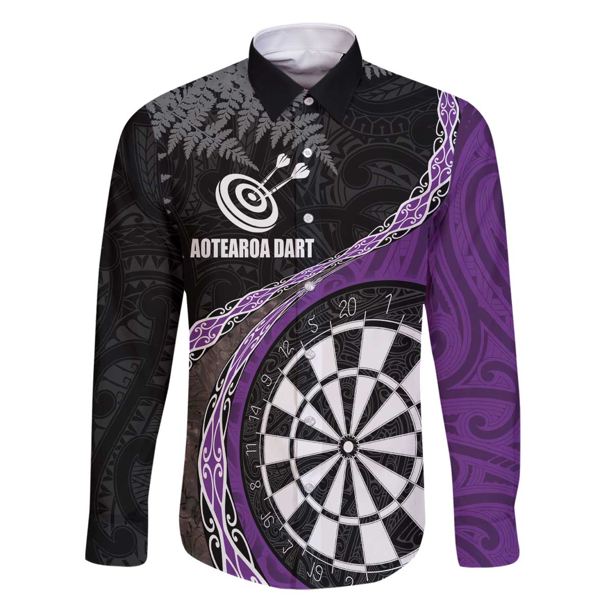 Personalised New Zealand Darts Family Matching Off Shoulder Short Dress and Hawaiian Shirt Koru Tribal Tattoo and Silver Fern Maori Pattern Purple Color LT03 Dad's Shirt - Long Sleeve Purple - Polynesian Pride