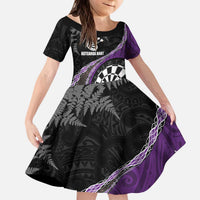 Personalised New Zealand Darts Family Matching Puletasi and Hawaiian Shirt Koru Tribal Tattoo and Silver Fern Maori Pattern Purple Color LT03 Daughter's Dress Purple - Polynesian Pride