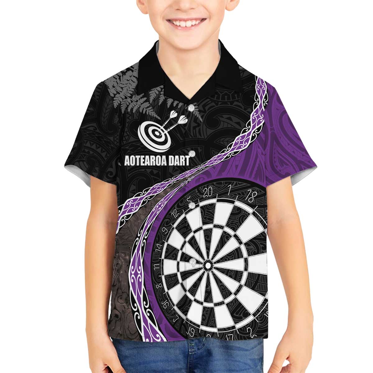 Personalised New Zealand Darts Family Matching Puletasi and Hawaiian Shirt Koru Tribal Tattoo and Silver Fern Maori Pattern Purple Color LT03 Son's Shirt Purple - Polynesian Pride