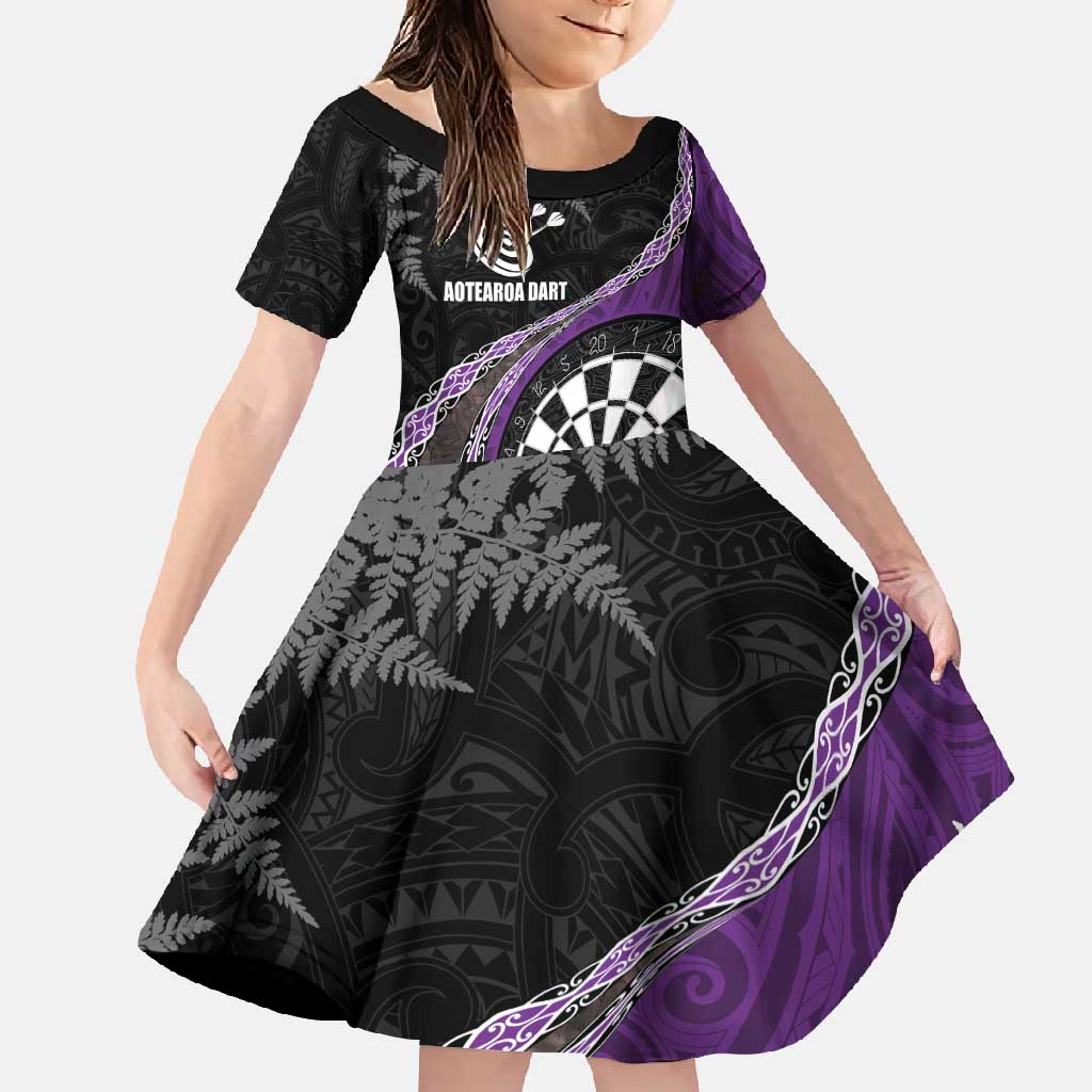 Personalised New Zealand Darts Family Matching Short Sleeve Bodycon Dress and Hawaiian Shirt Koru Tribal Tattoo and Silver Fern Maori Pattern Purple Color LT03 Daughter's Dress Purple - Polynesian Pride