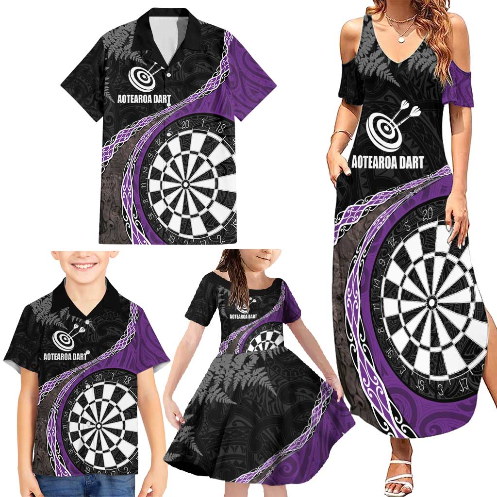 Personalised New Zealand Darts Family Matching Summer Maxi Dress and Hawaiian Shirt Koru Tribal Tattoo and Silver Fern Maori Pattern Purple Color LT03 - Polynesian Pride