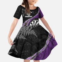 Personalised New Zealand Darts Family Matching Tank Maxi Dress and Hawaiian Shirt Koru Tribal Tattoo and Silver Fern Maori Pattern Purple Color LT03 Daughter's Dress Purple - Polynesian Pride