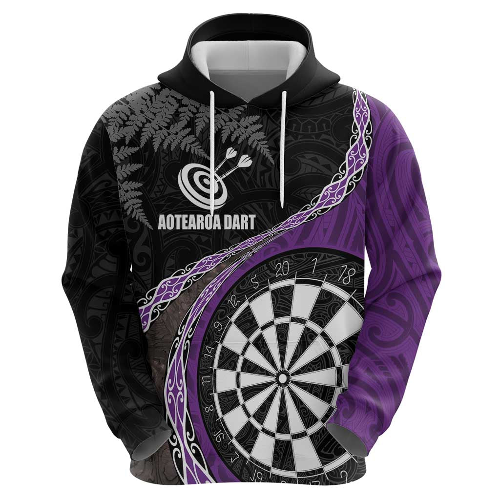 Personalised New Zealand Darts Hoodie Koru Tribal Tattoo and Silver Fern Maori Pattern Purple Color LT03 - Polynesian Pride