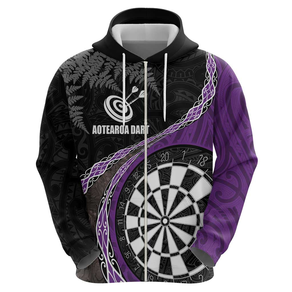 Personalised New Zealand Darts Hoodie Koru Tribal Tattoo and Silver Fern Maori Pattern Purple Color LT03 - Polynesian Pride