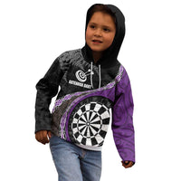 Personalised New Zealand Darts Kid Hoodie Koru Tribal Tattoo and Silver Fern Maori Pattern Purple Color LT03 - Polynesian Pride