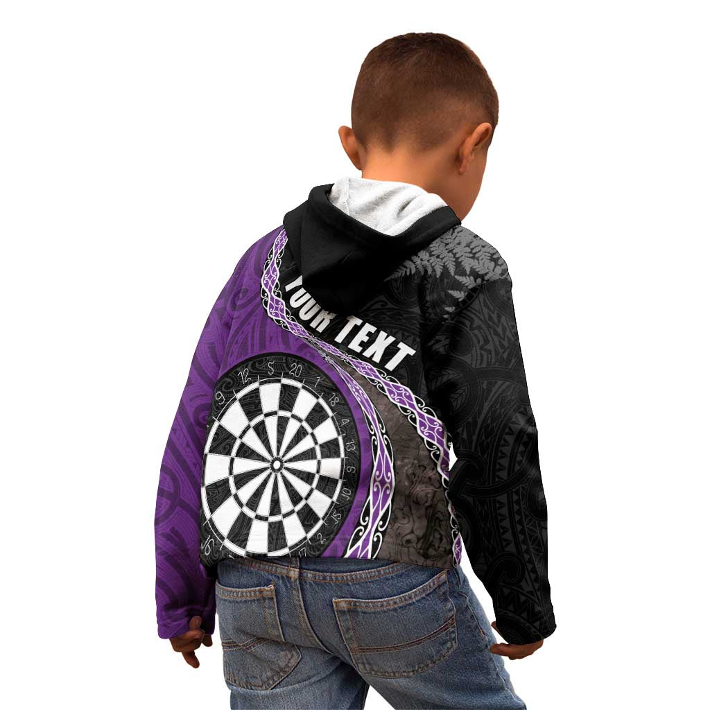Personalised New Zealand Darts Kid Hoodie Koru Tribal Tattoo and Silver Fern Maori Pattern Purple Color LT03 - Polynesian Pride