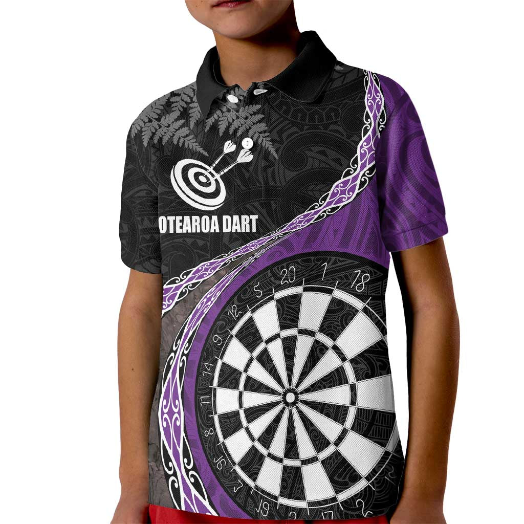 Personalised New Zealand Darts Kid Polo Shirt Koru Tribal Tattoo and Silver Fern Maori Pattern Purple Color LT03 Kid Purple - Polynesian Pride