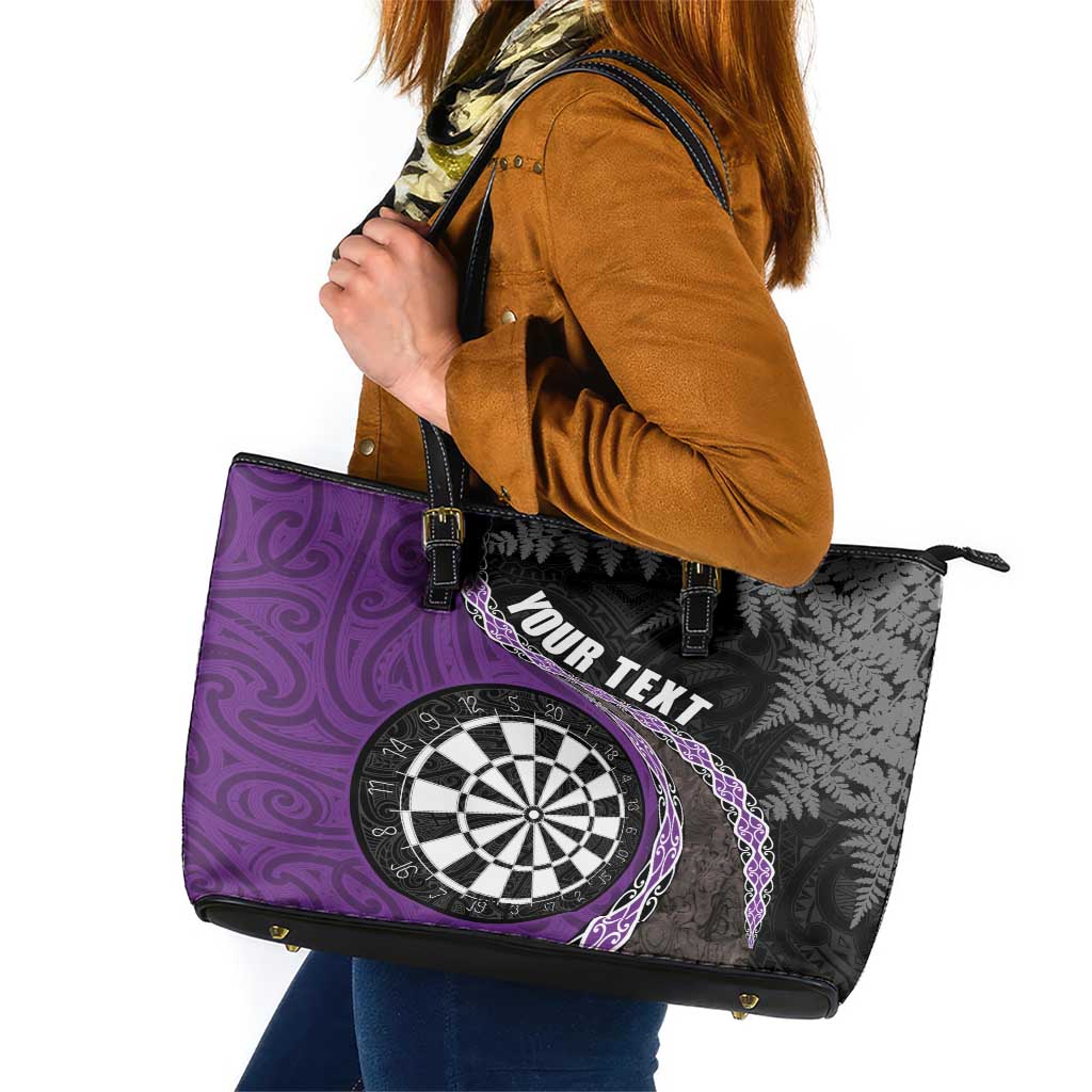 Personalised New Zealand Darts Leather Tote Bag Koru Tribal Tattoo and Silver Fern Maori Pattern Purple Color LT03 Purple - Polynesian Pride