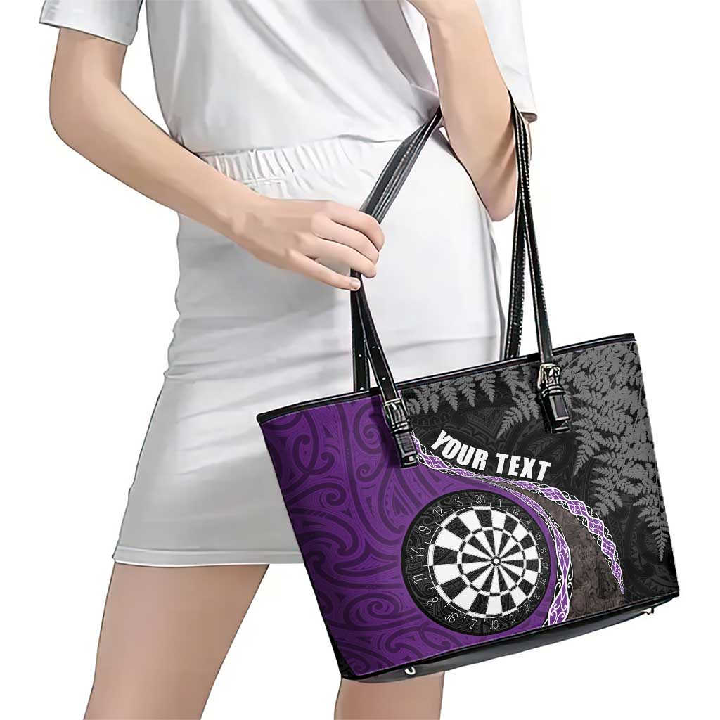 Personalised New Zealand Darts Leather Tote Bag Koru Tribal Tattoo and Silver Fern Maori Pattern Purple Color LT03 - Polynesian Pride