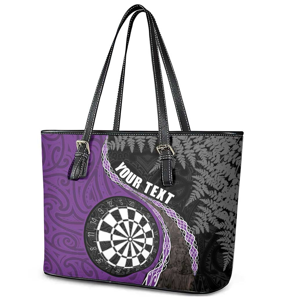 Personalised New Zealand Darts Leather Tote Bag Koru Tribal Tattoo and Silver Fern Maori Pattern Purple Color LT03 - Polynesian Pride
