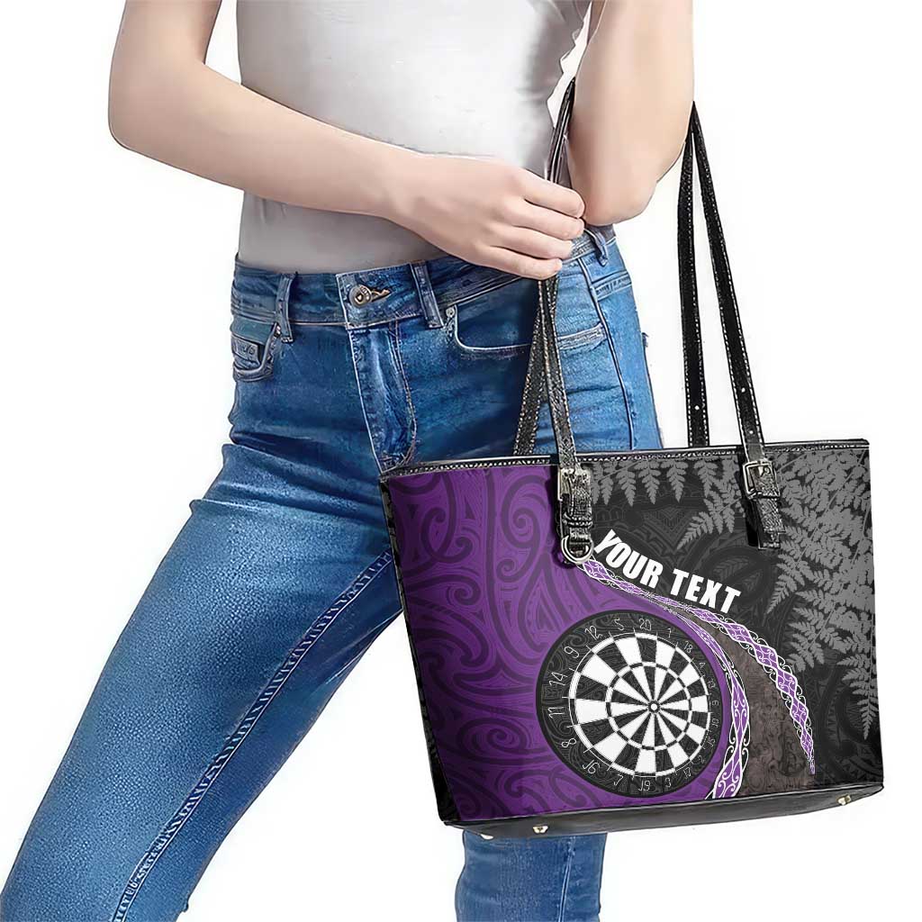 Personalised New Zealand Darts Leather Tote Bag Koru Tribal Tattoo and Silver Fern Maori Pattern Purple Color LT03 - Polynesian Pride