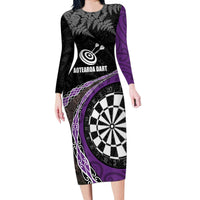Personalised New Zealand Darts Long Sleeve Bodycon Dress Koru Tribal Tattoo and Silver Fern Maori Pattern Purple Color LT03 Long Dress Purple - Polynesian Pride