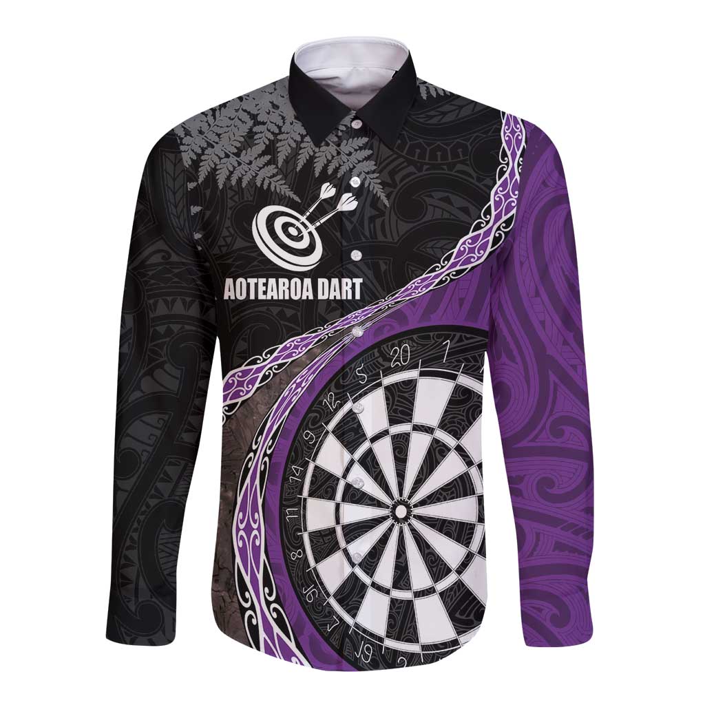 Personalised New Zealand Darts Long Sleeve Button Shirt Koru Tribal Tattoo and Silver Fern Maori Pattern Purple Color LT03 Unisex Purple - Polynesian Pride