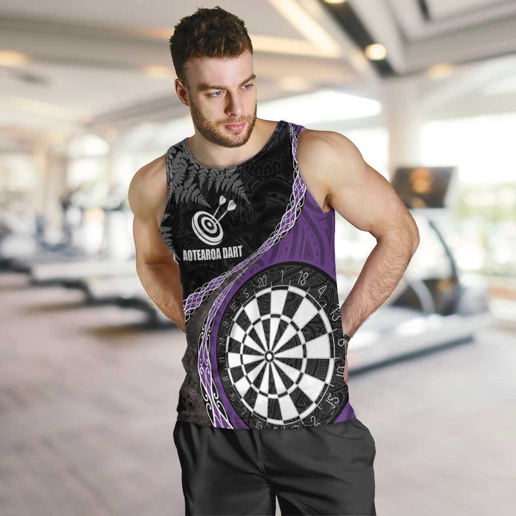 Personalised New Zealand Darts Men Tank Top Koru Tribal Tattoo and Silver Fern Maori Pattern Purple Color LT03 Purple - Polynesian Pride