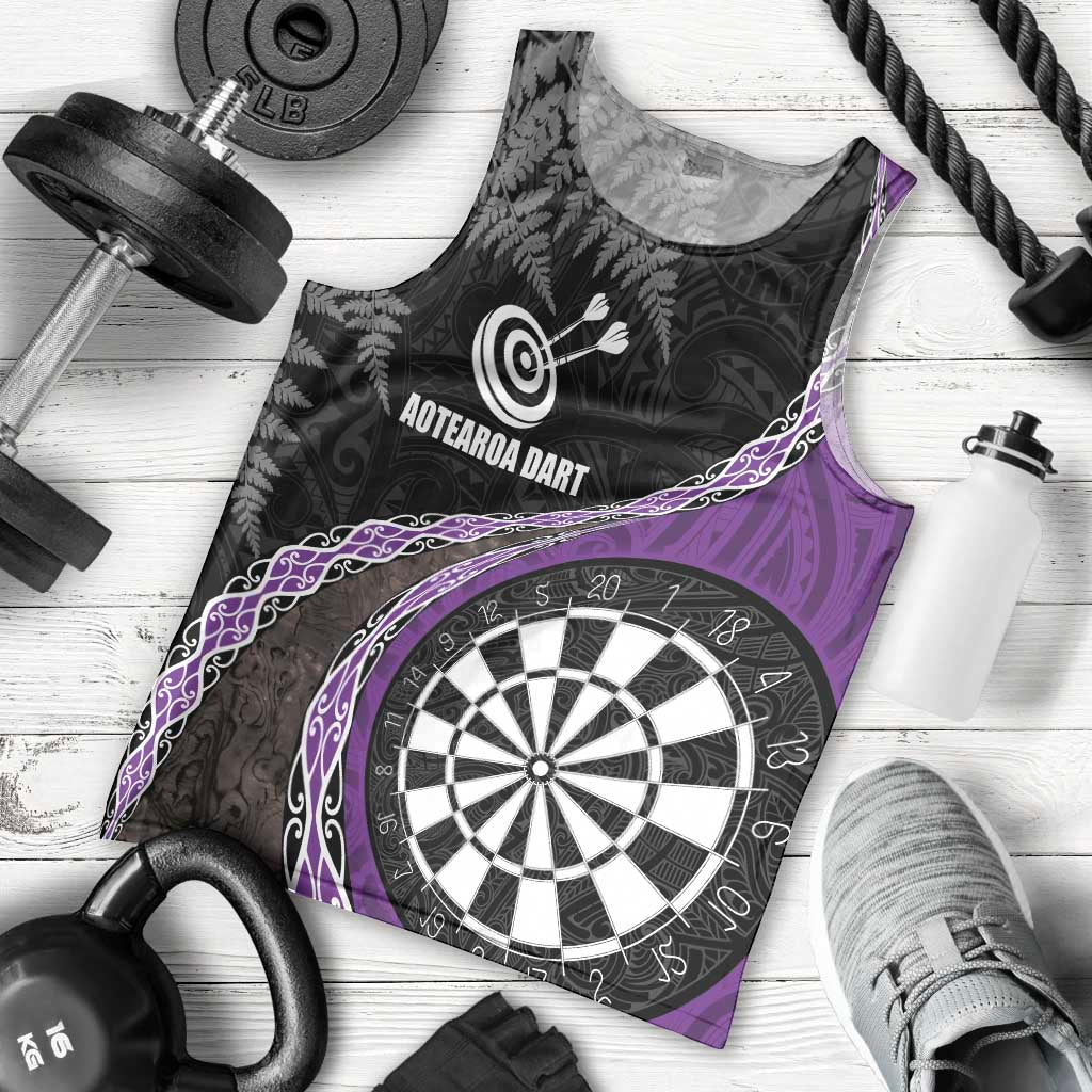 Personalised New Zealand Darts Men Tank Top Koru Tribal Tattoo and Silver Fern Maori Pattern Purple Color LT03 - Polynesian Pride