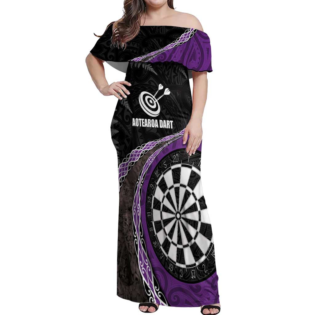 Personalised New Zealand Darts Off Shoulder Maxi Dress Koru Tribal Tattoo and Silver Fern Maori Pattern Purple Color LT03 Women Purple - Polynesian Pride