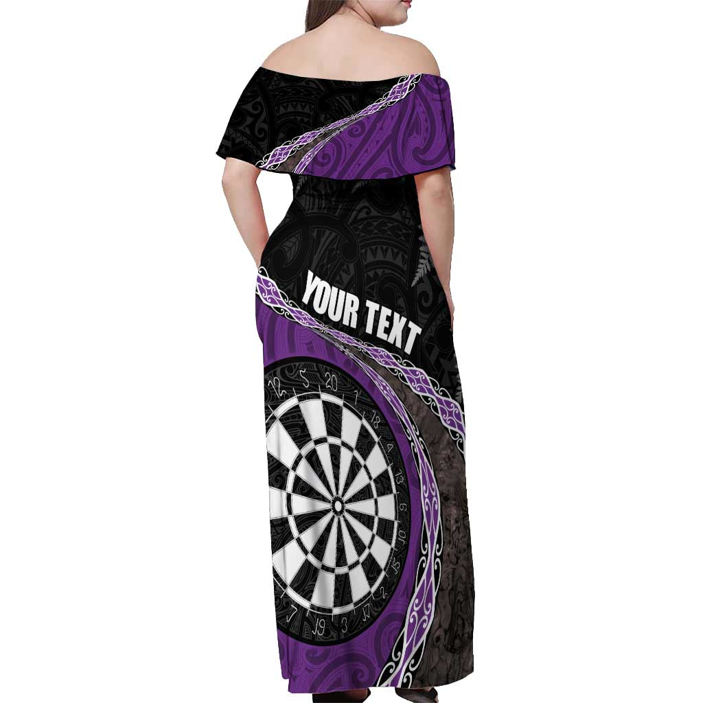 Personalised New Zealand Darts Off Shoulder Maxi Dress Koru Tribal Tattoo and Silver Fern Maori Pattern Purple Color LT03 - Polynesian Pride